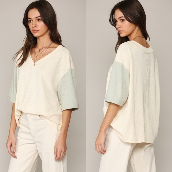 Sage/cream Contrast Sleeve Knit Rib Top - Picture 8 of 12